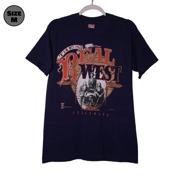 VINTAGE Dollywood: The Real West USED Shirt (M, Blue, Dolly Parton, Outlaws) - Picture 1 of 8